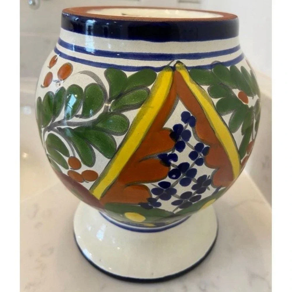 Vintage Talavera Pottery‎ Vase Hand Painted Florals And Traditional Colors EUC
